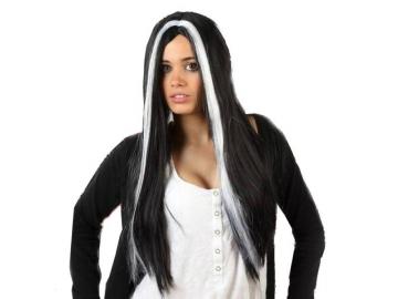 PELUCA MECHAS NEGRA BLANCA LARGA 60cm~   �