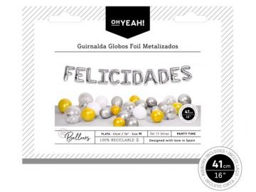 GLOBO GUIRNALDA FELICIDADES 41cm PLATA  