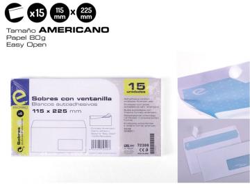 SOBRE 115x225mm AMERICANO VENTANA BLANCO 15 Unidades   