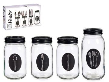 CUBERTERO SET 4 PIEZAS VIDRIO TAPA METAL 17x9cm