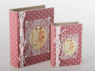 CAJAS LIBRO JUEGO 2 PIEZAS MADERA TELA 17x21x6    