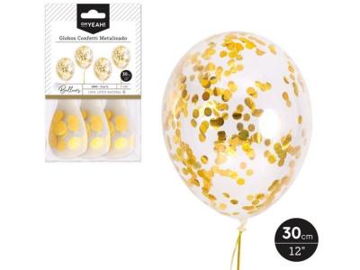 GLOBO LATEX  CON CONFETI FOIL COLOR ORO 30cm 3 Unidades